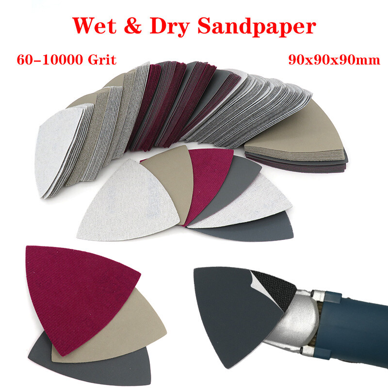 90mm Wet & Dry Sanding Discs Triangular Sandpaper Hook & Loop Pads 60-10000 Grit