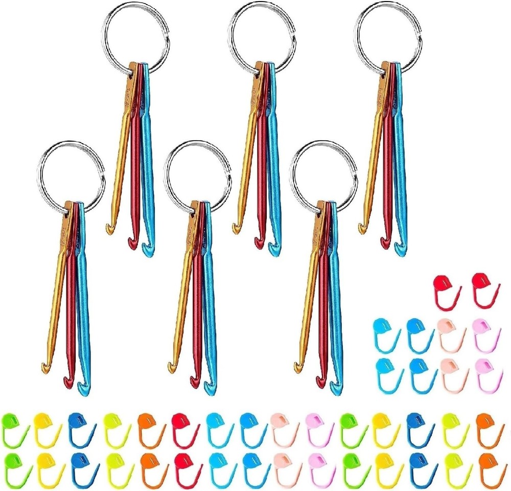 6 Sets Mini Crochet Hook Keychain with 40pcs Plastic Colored Stitch Markers, ...