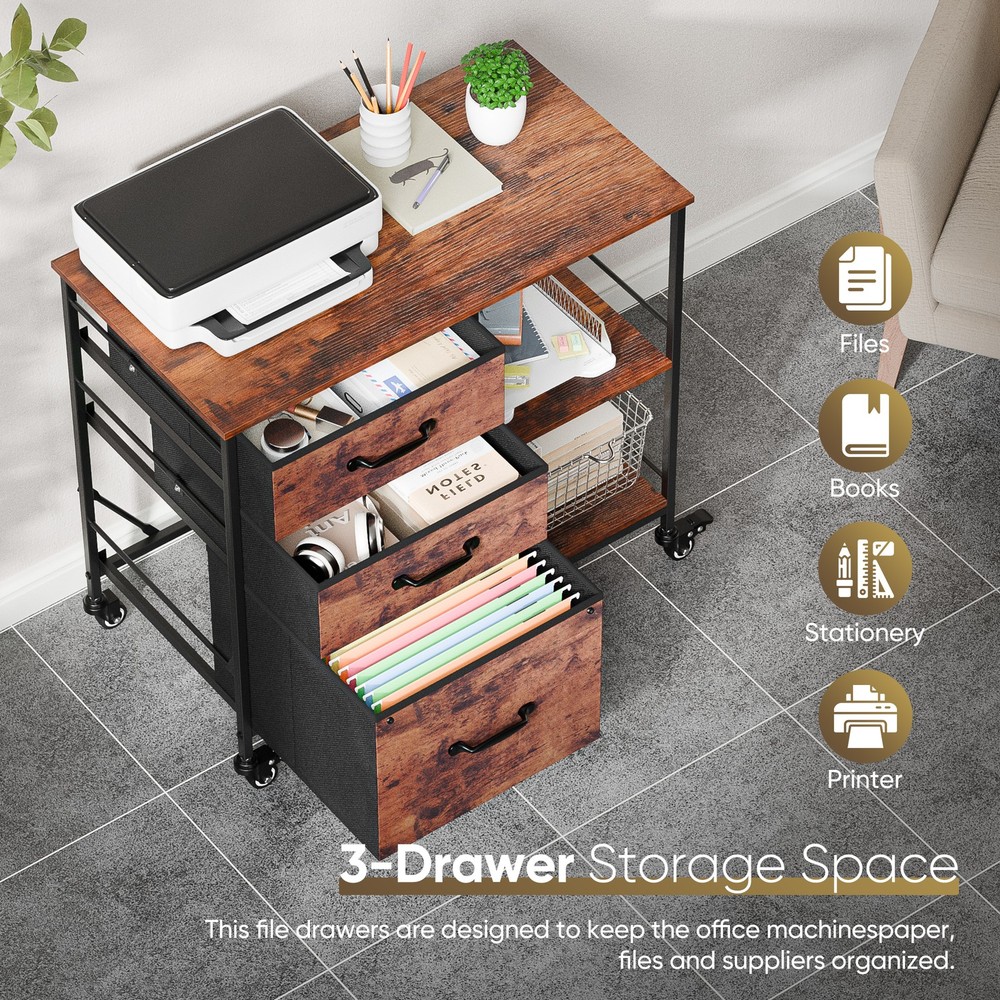 Rustic Brown File Cabinets Rolling Mobile Printer Stand with Storage 3 Drawers