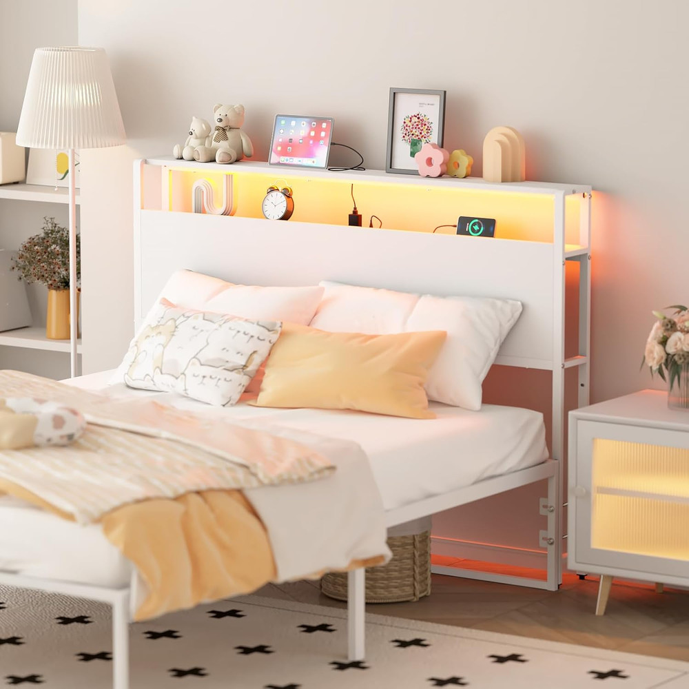 Stylish Full Headboard with Storage, USB Ports & LED Light - White