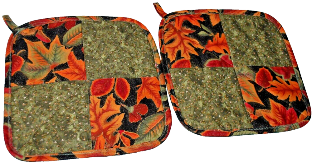 (NEW) Set 2 Fall Leaves Themed Square 10" Kitchen Oven Mitts Set Free Ship