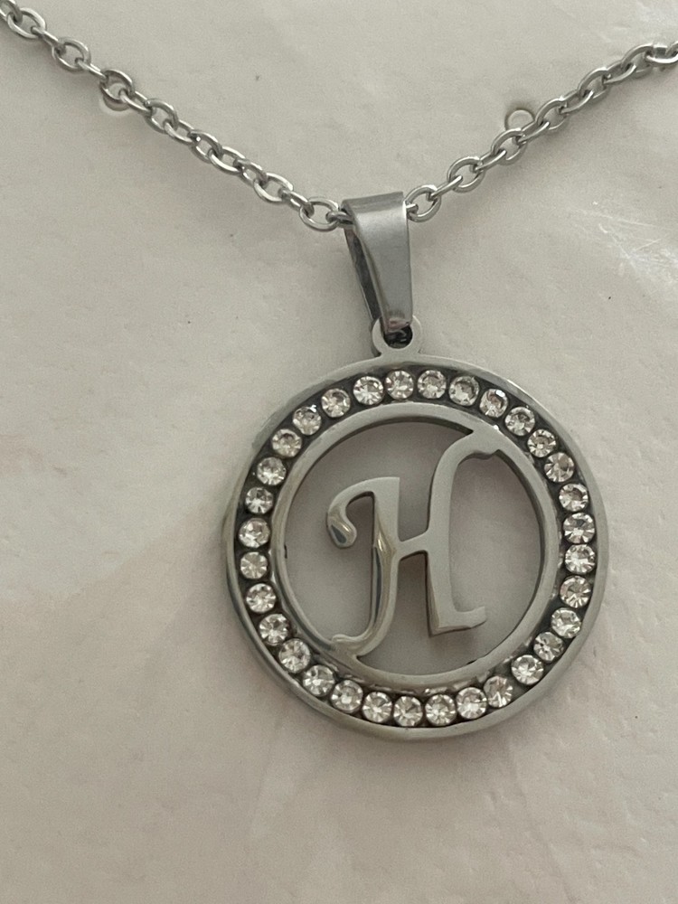 Initial H Pendant Necklace Silver Tone Rhinestone Necklace
