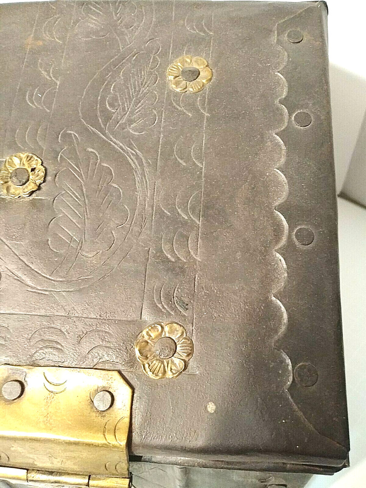 Vintage Metal Document Chest Box w/ Applied Brass Rosettes & Primitive Etching