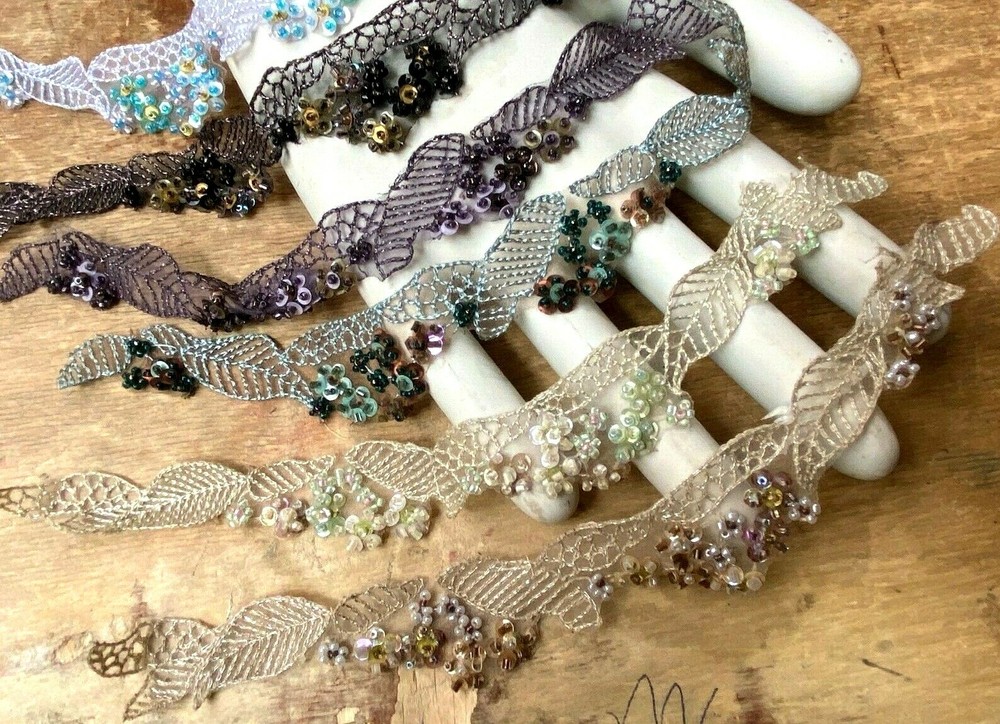 embroidered beads 9" hand sewn sequins strip 1pc assorted