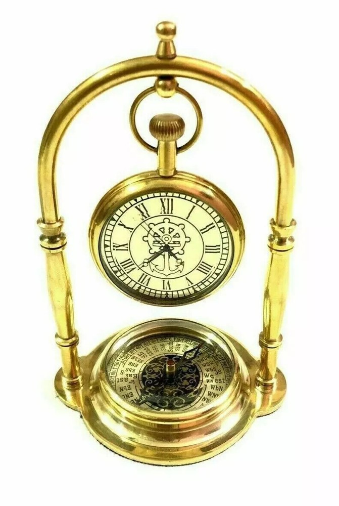 Nautical Victorian London Brass Table Top Decor Clock with Compass