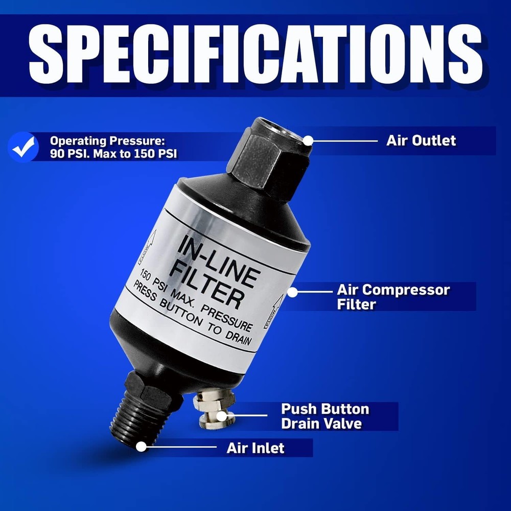 Air Compressor Water Separator & Air Dryer with Push-Button Drain Valve, 1/4"...