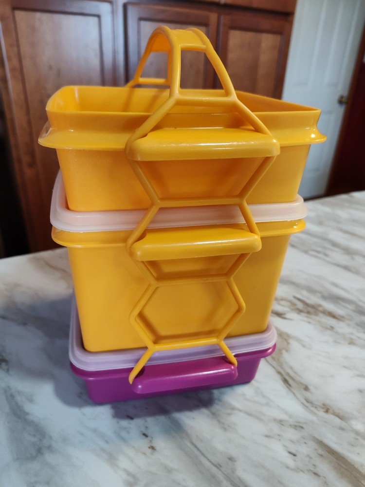 Vintage Tupperware Square Away Stacking Lunch Set W/ Handle Maize Yellow Sun 7PC