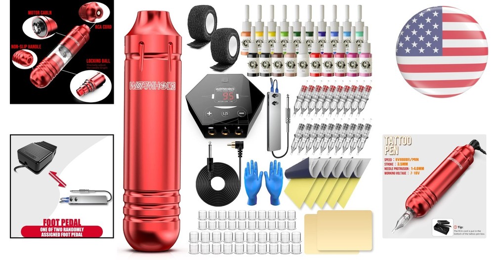 Comprehensive 105-Piece Tattoo Machine Kit - Ergonomic Red Design for Beginners