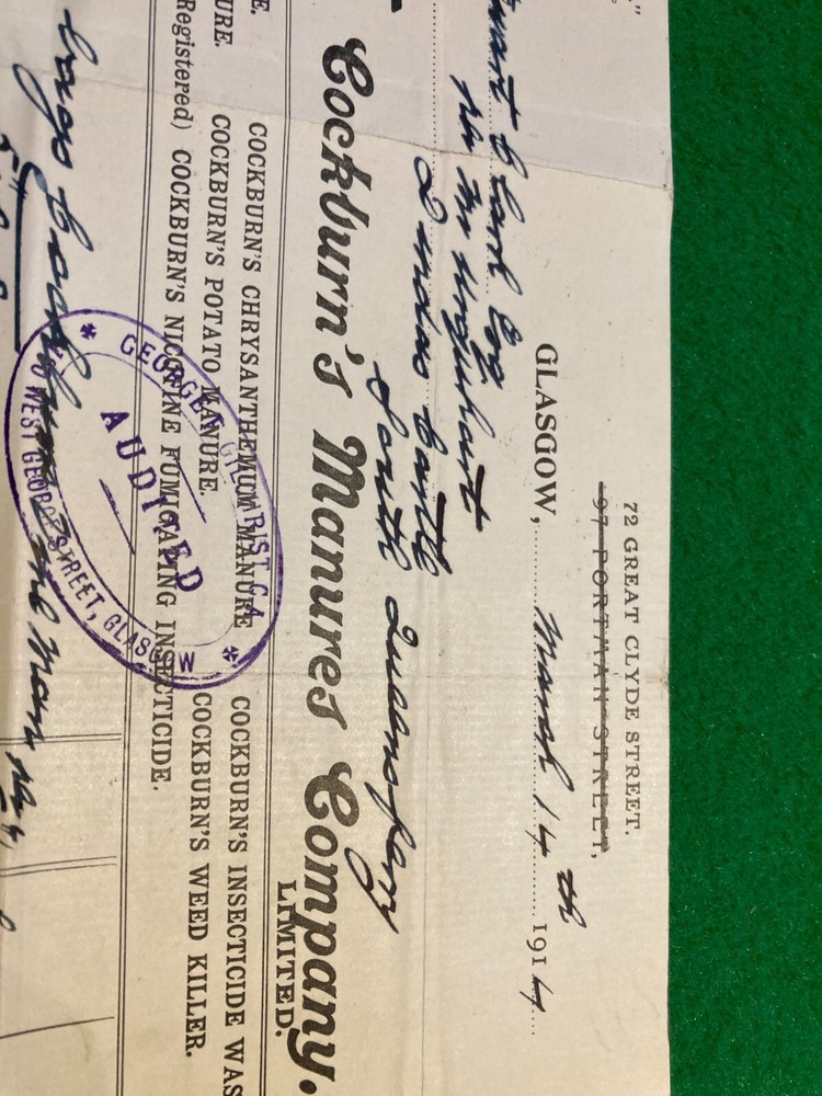 DUNDAS CASTLE 19/13 CM RECEIPT 1914