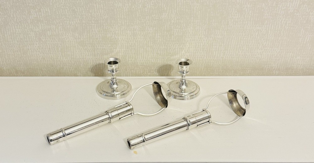Vintage 2 Silverplate Springloaded Candlestick Holders With Silverplate Shades