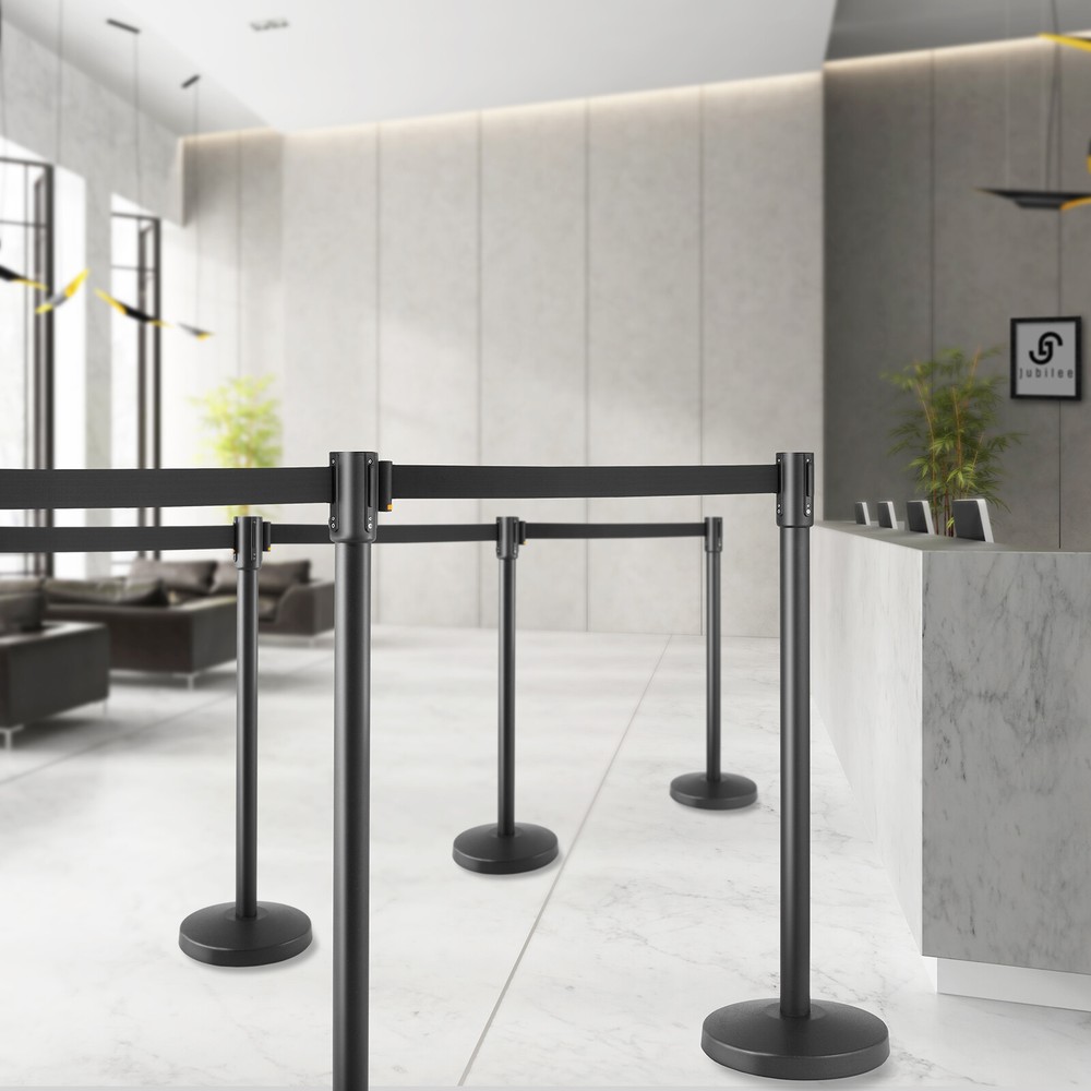 OPEN BOX - 2 Pc Black Stanchion Queue Posts 6.5' Retractable Belt Barrier