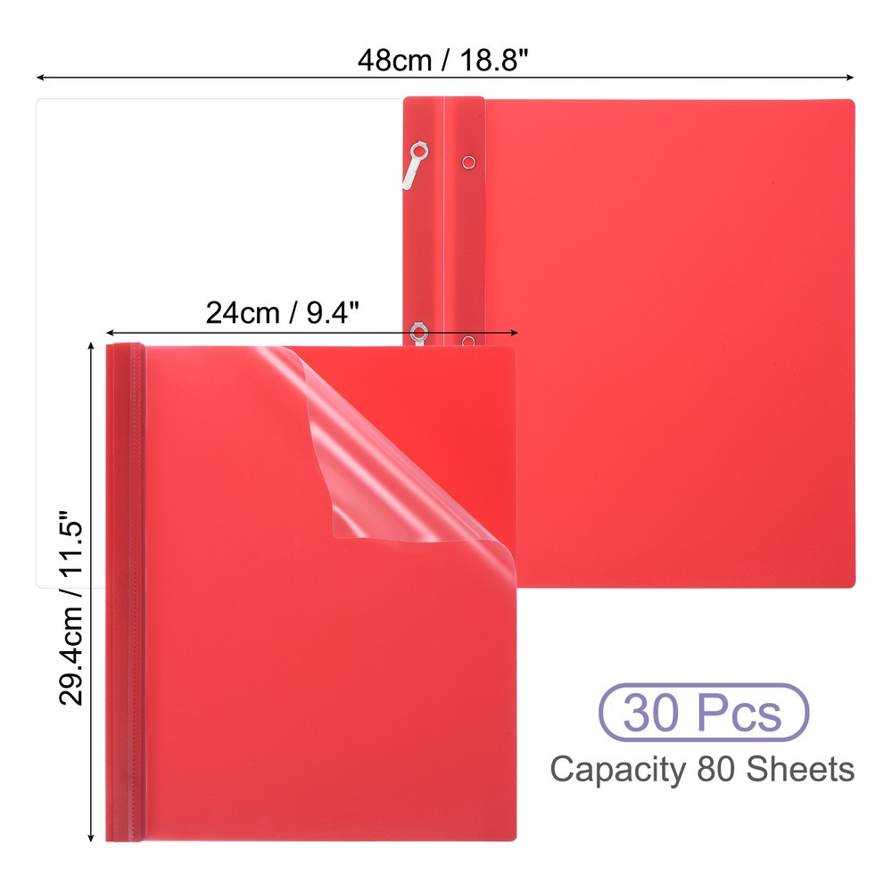 30 Pcs 80 Sheet Capacity Clear Front Presentation Cover with 3 Prong, Red