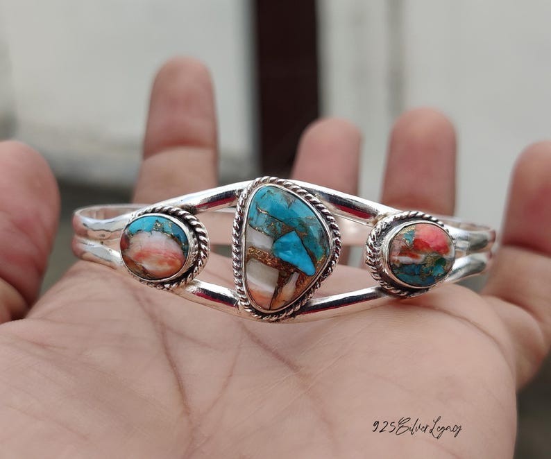 Oyster Copper Turquoise Solid 925 Sterling Silver Beautiful Cuff Bangle, M1690