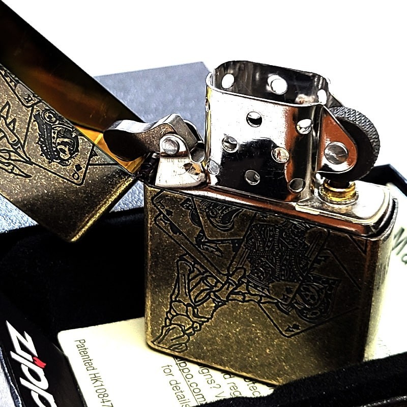 Zippo Antique Poker Playing Cards Skull Gold Etching One Side Processing Lighter