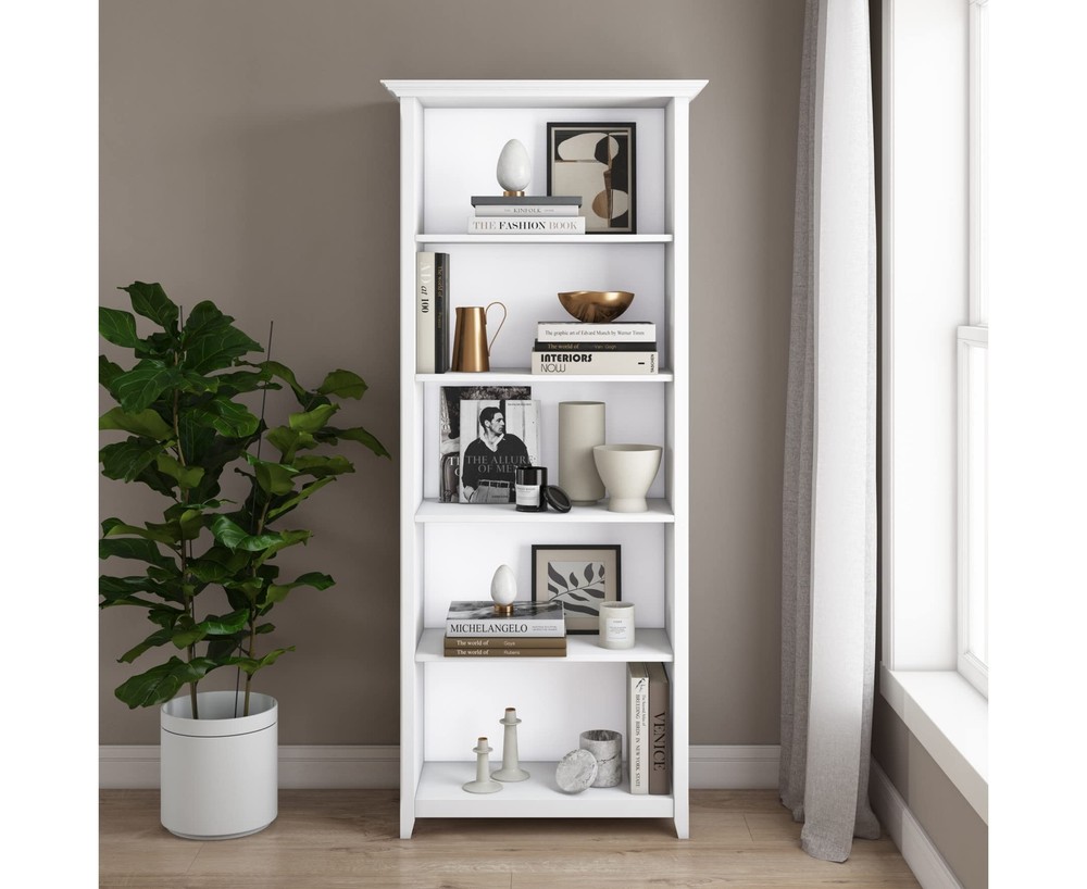 SIMPLIHOME Amherst SOLID WOOD 30 Inch Transitional 5 Shelf Bookcase in White For