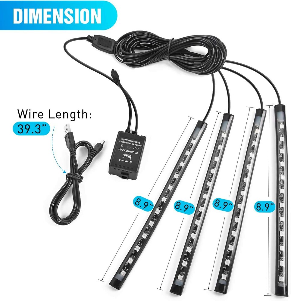 Nilight 4PCS 48 LEDs Car Strip Light USB Interior DC 5V Multicolor Lighting Kits