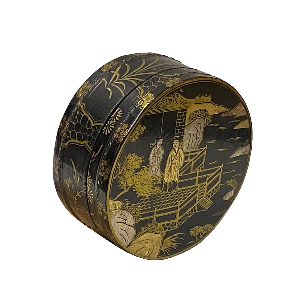 Chinese Black Lacquer Golden Graphic Round Display Box ws2230