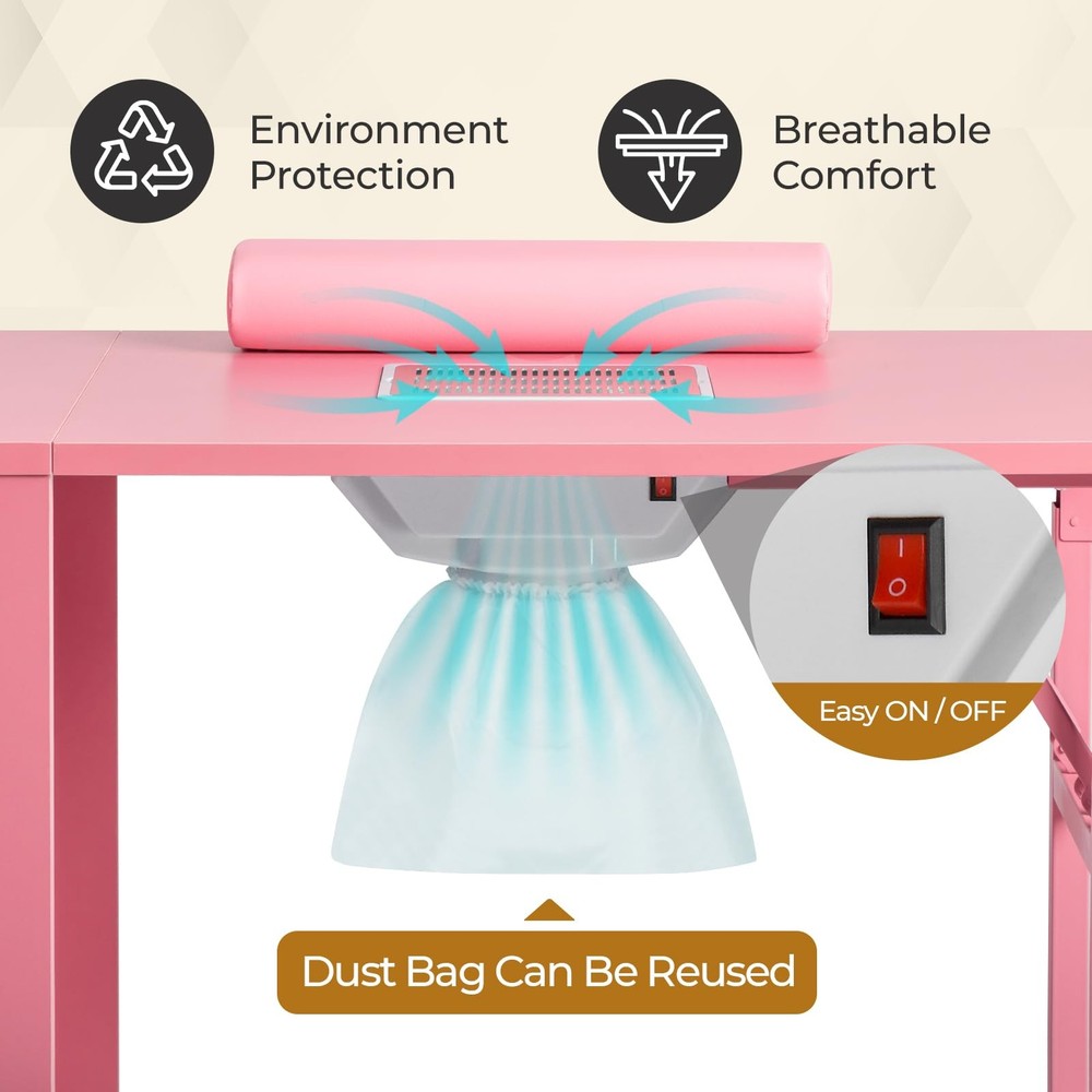 Foldable Pink Manicure Table with Dust Collector, Lockable Wheels & Drawers