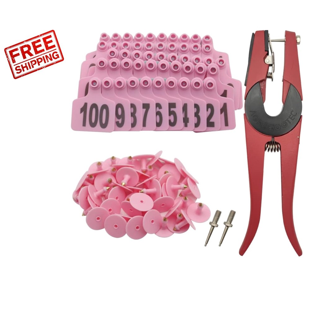Ranch-Ready Pink Cattle Ear Tags 100 Count – Durable Tags with Applicator