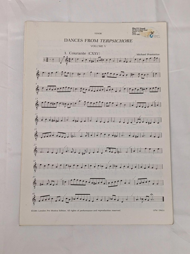 Consort Book Dances From Terpsichore Volume V Cantus Sheet Music