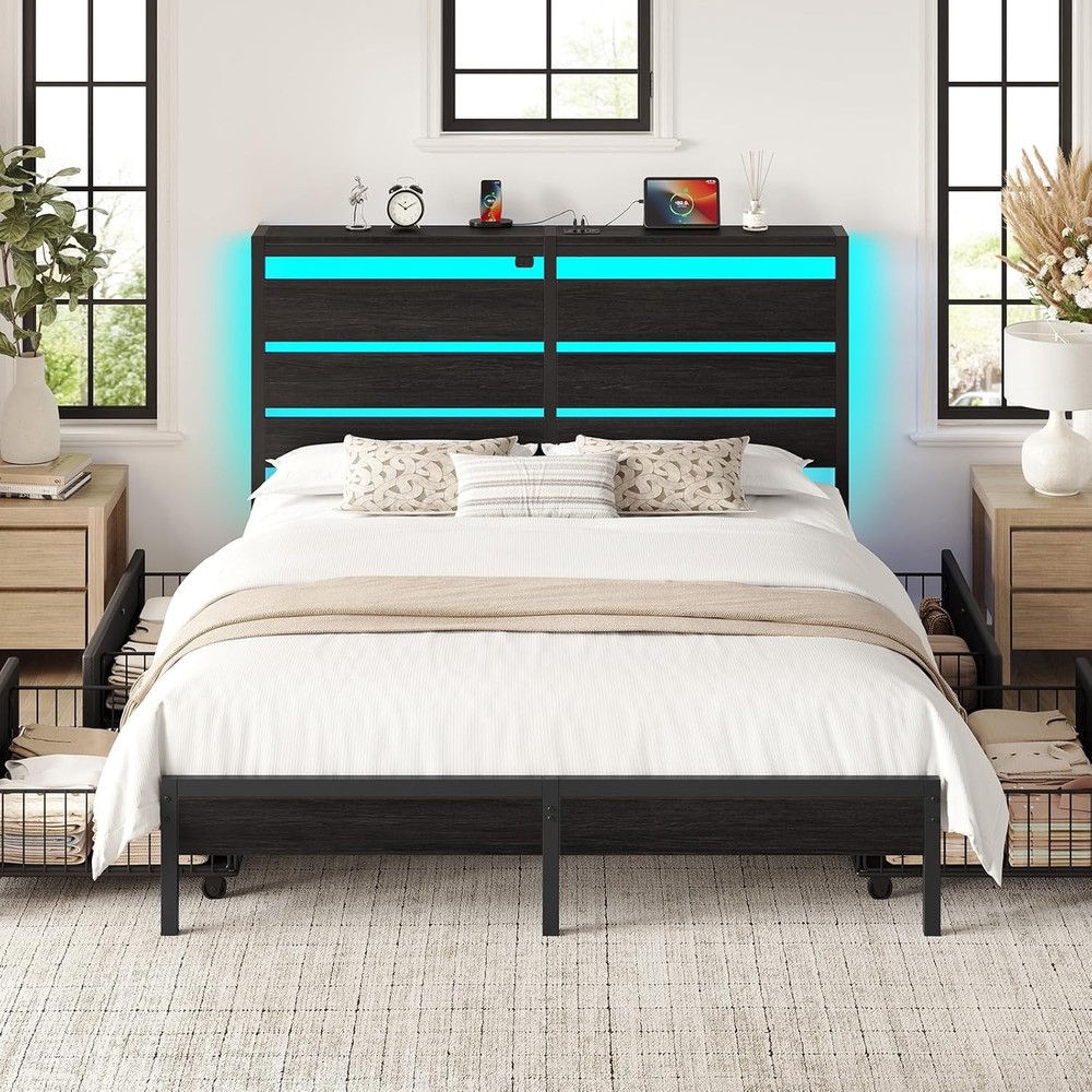 Bed Frame Twin Size W/ USB Charging Station LED Bed Frame W/ Wood Storage