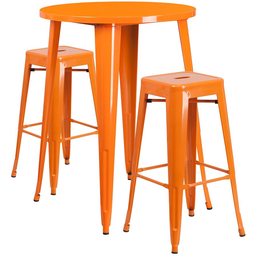Flash Commercial Grade 30" Round Orange Metal Bar Table Set & 2 Backless Stools