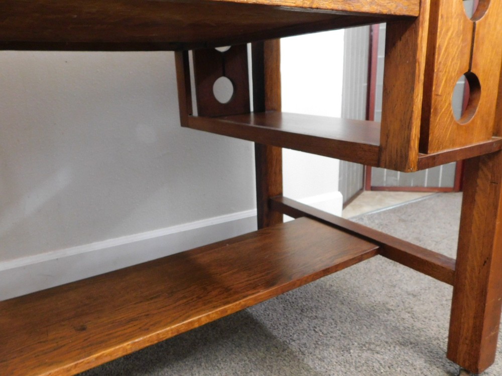 Antique 1920s Arts Crafts Mission Solid Oak Bookcase Desk Library Console Table