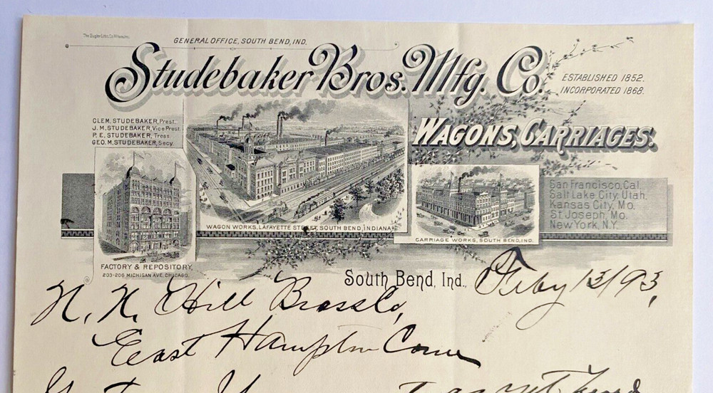 Studebaker South Bend 1893 Letterhead Auto Transportation Illustrated