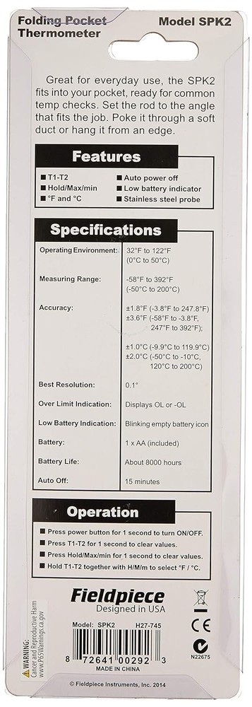 FIELDPIECE SPK2 Folding Pocket In-Duct Thermometer -
