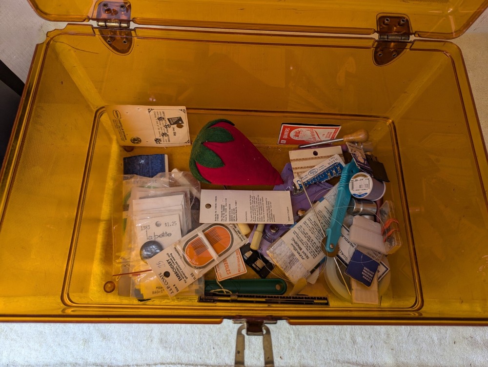 Vintage Wilson Amber Sewing Box W/Misc/Itemd
