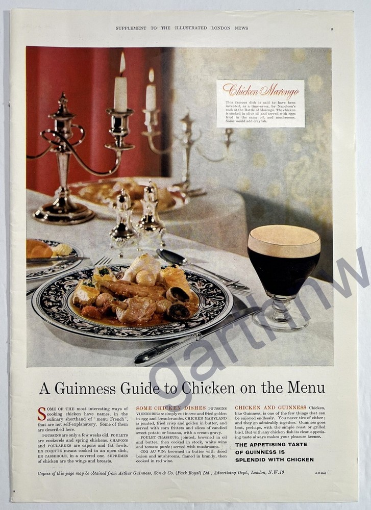 GUINNESS BEER 1957 ORIGINAL ADVERTISEMENT * CHICKEN ON THE MENU GUIDE