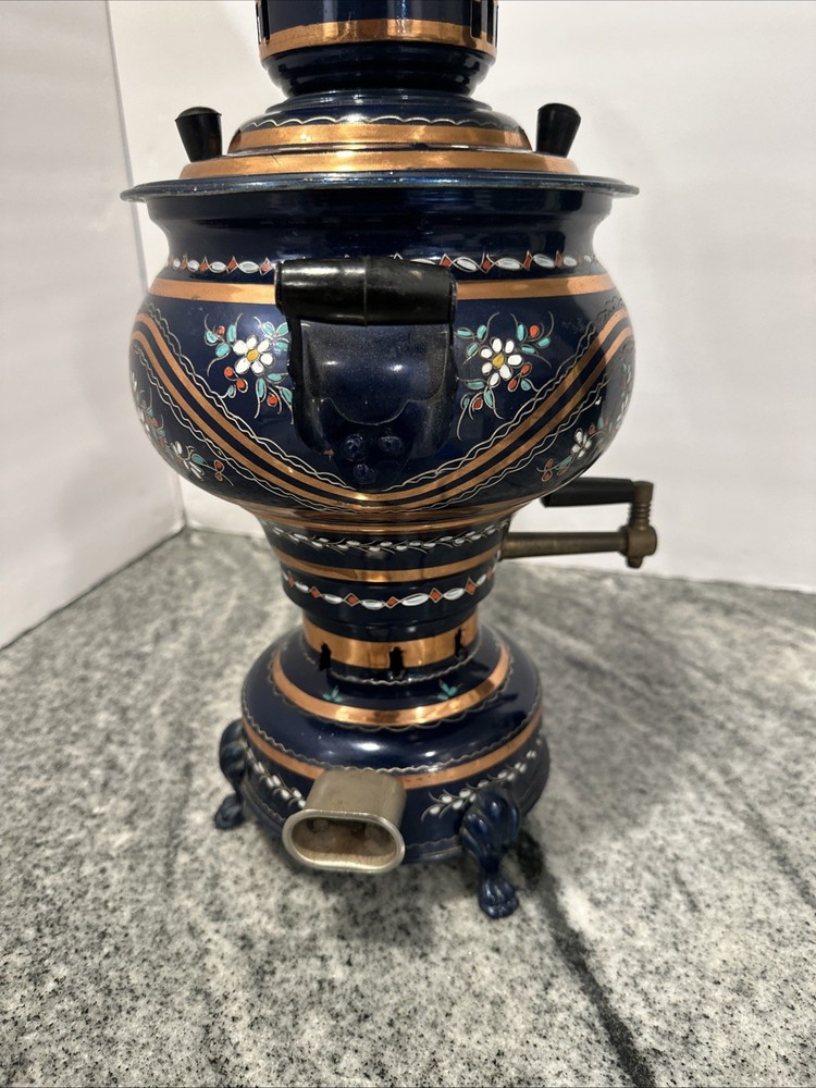 Vintage 5 lt Blue Electric Copper Samovar Tea Set Cylinder Kettle Decorative