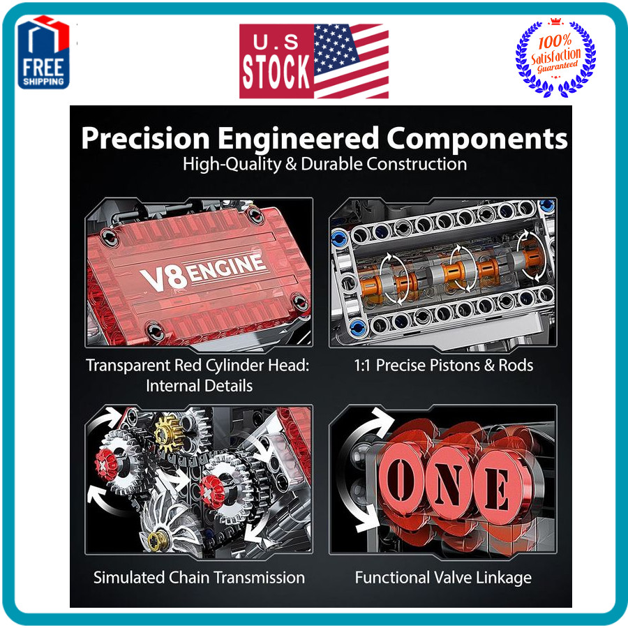 V8 Engine Model Kit That Runs STEM Mini Engine w Motor Sound 478PCS