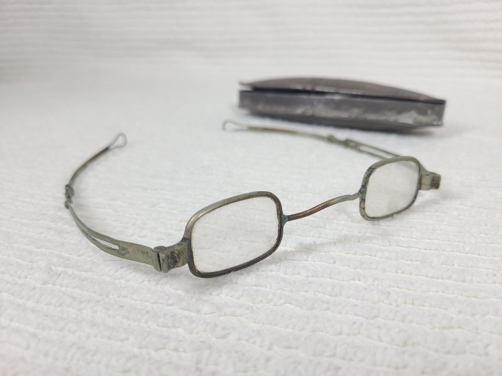 Antique 1800s Eyeglasses w Case Rectangular Small Lens Telescoping Arm Ooak Rare