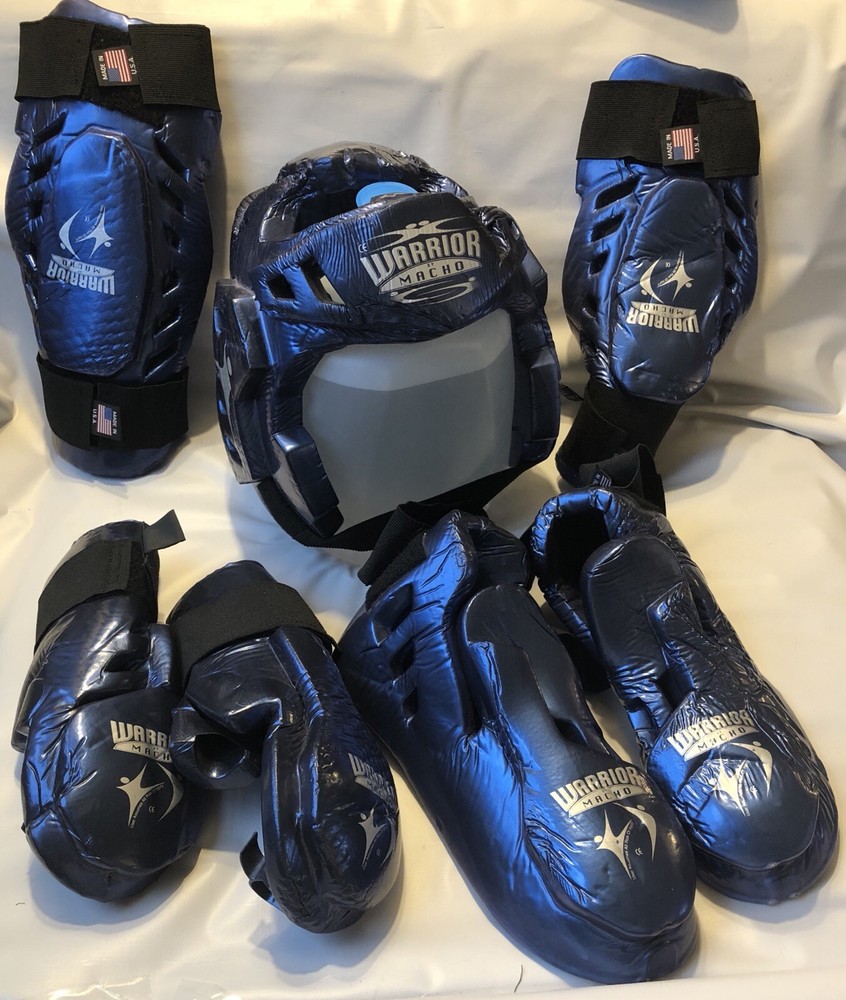Macho Warrior Sparring gear Blue 6 pc w/Instructions Head Gear Guards Mesh Bag