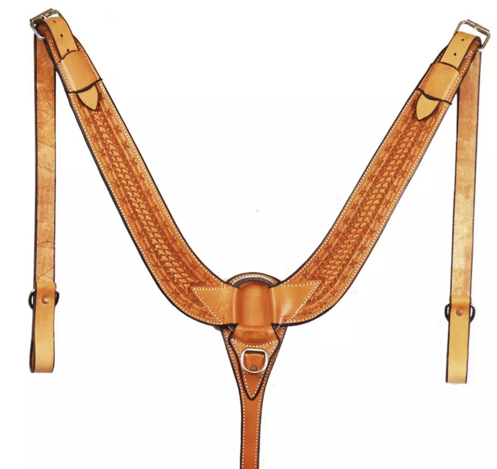Western Natural Leather Barbed Wire Hand Tooled Pulling Breast Collar