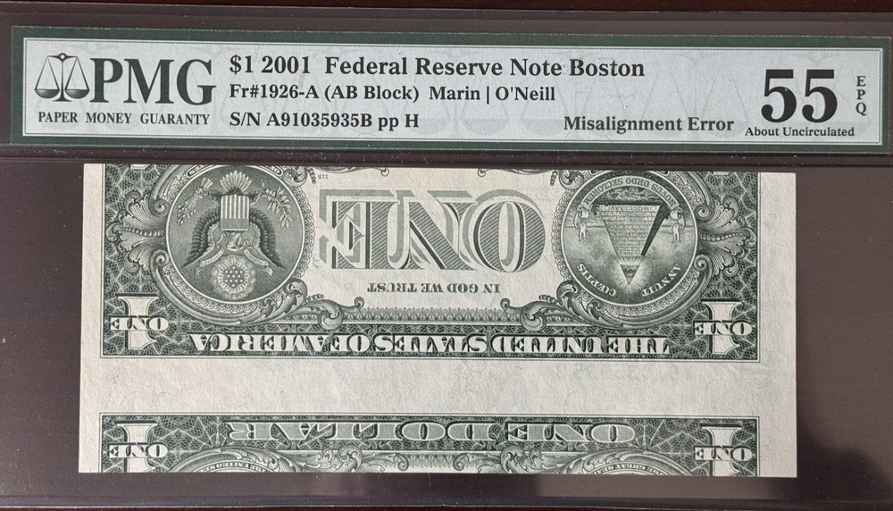 RARE DOUBLE ERRORS 2001 BOSTON $1 MISALIGNED and INVERTED BACK ERRORS PMG55 EPQ