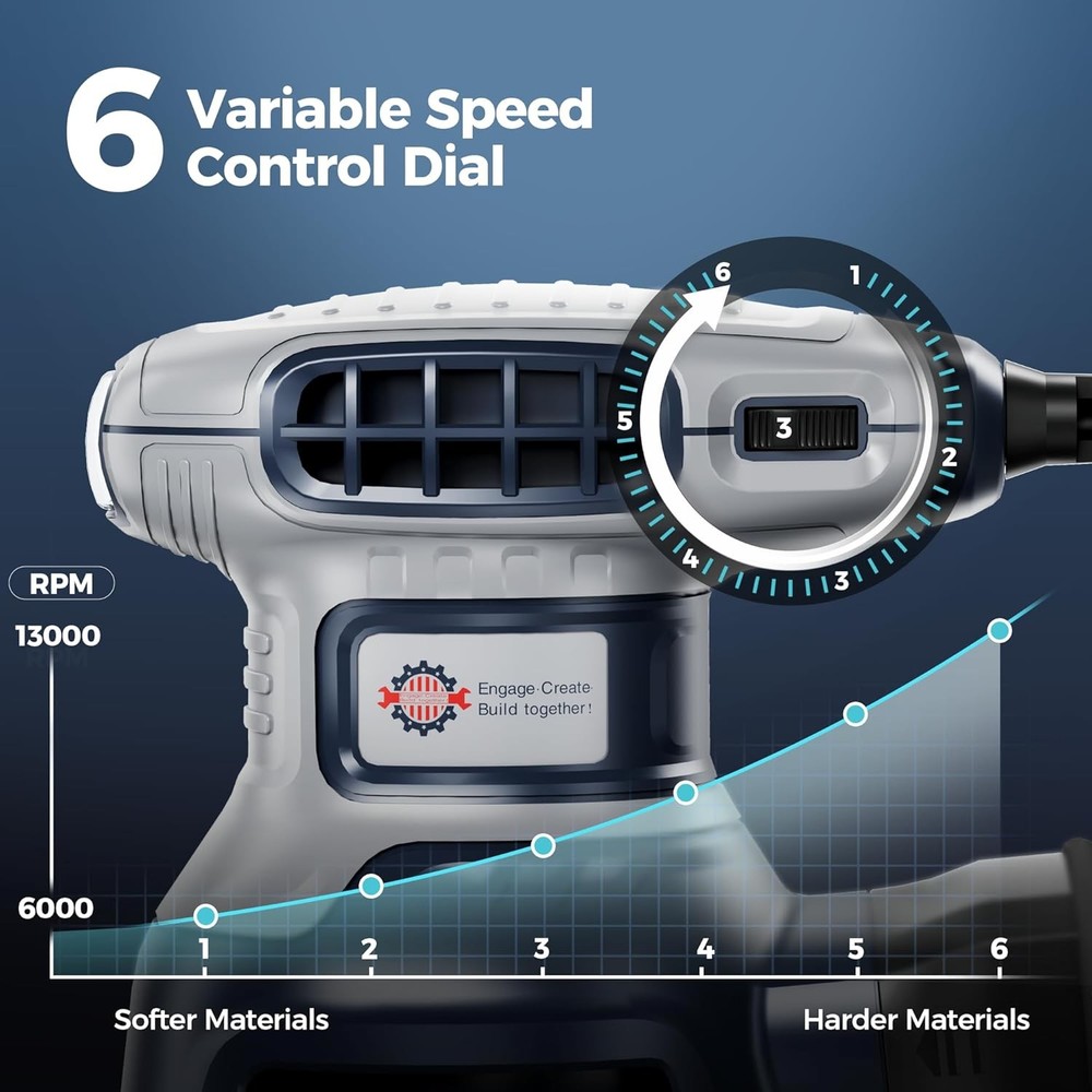 Orbital Random Sander Tool, 6 Variable Speeds With Dust Bag, 360W, Palm Hand...