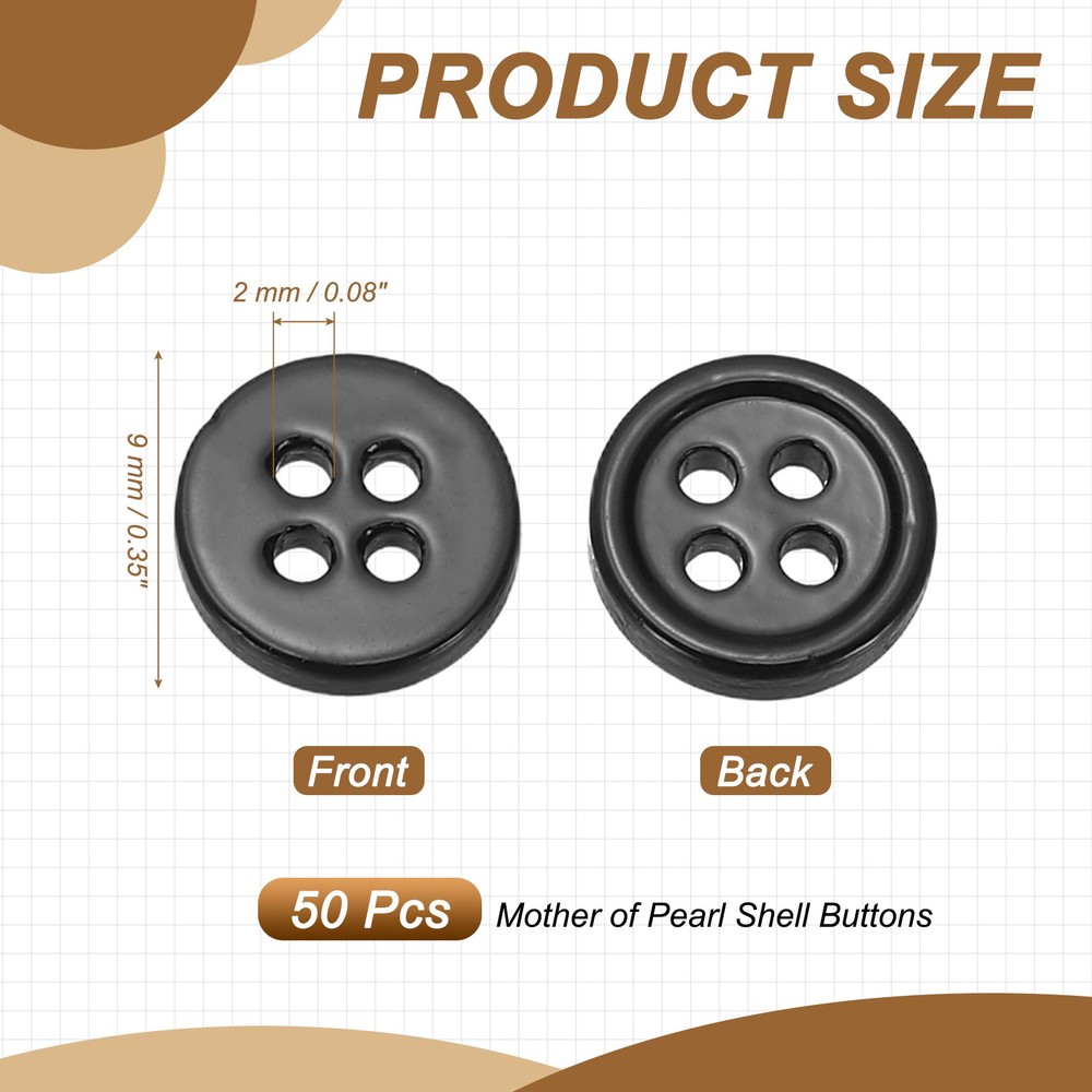 Natural Shell Button 4 Hole Shell Round Sewing Buttons 9 mm & 50 Pack & Black