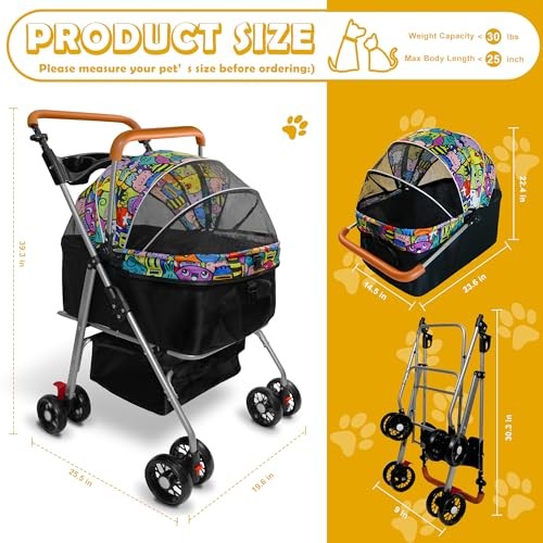 Pet Stroller with Storage Basket and Cup Holder, Folding Dog magic black
