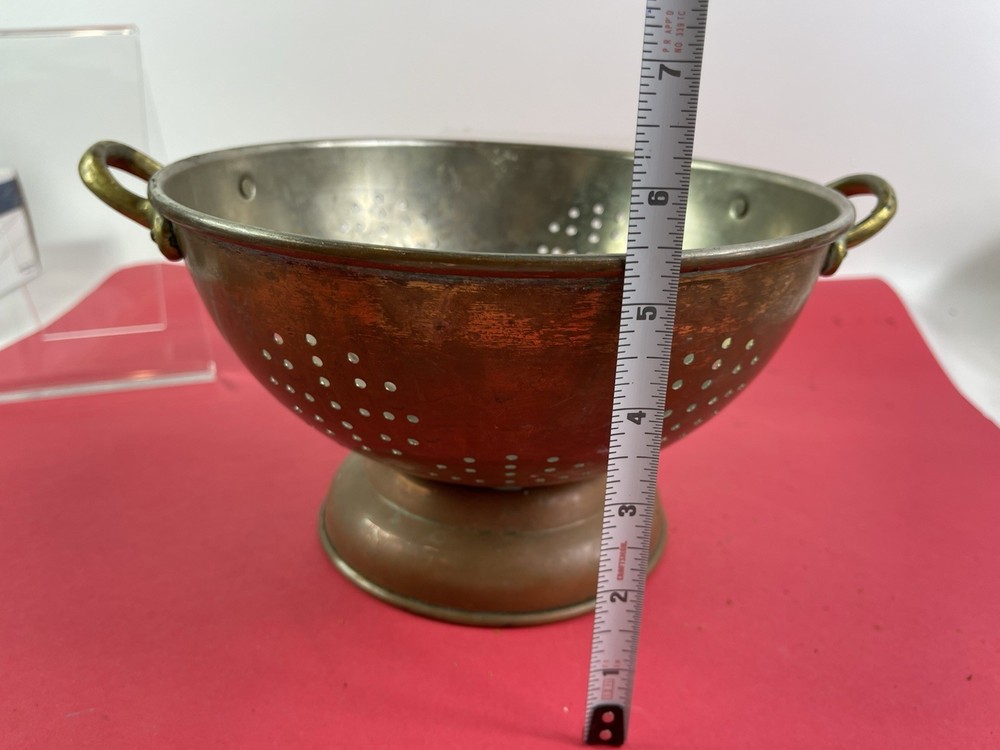 Vintage Copper 9" Colander Strainer Bowl Brass Handles