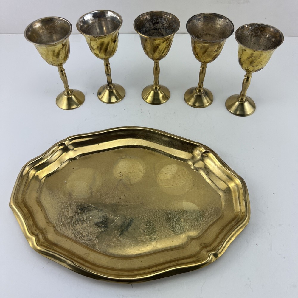 Vintage Mini Brass Goblet Cordials Set With Tray