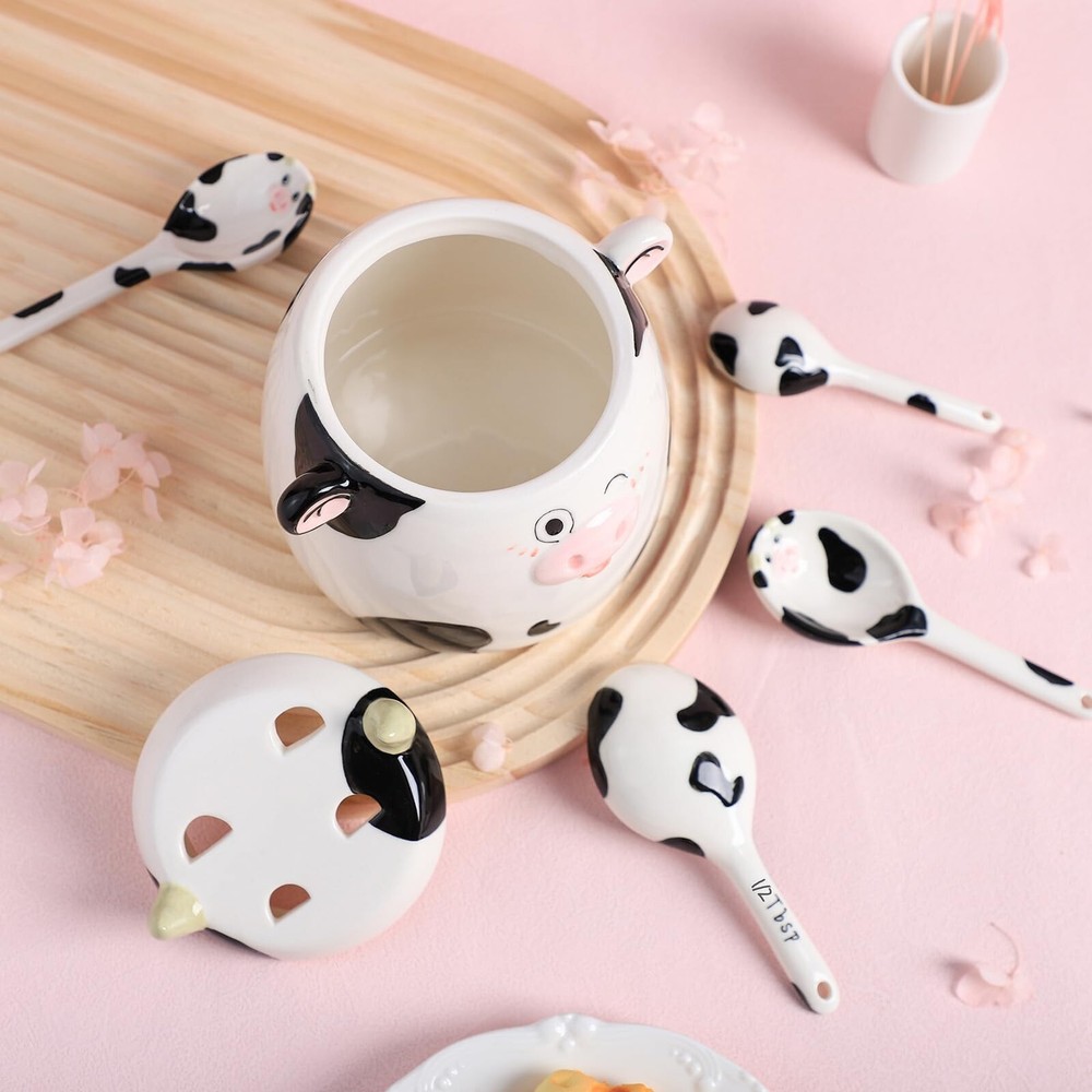 Ceramic Cow Pattern Measuring Spoons Set for Dry or Liquid with Measuring Cup...