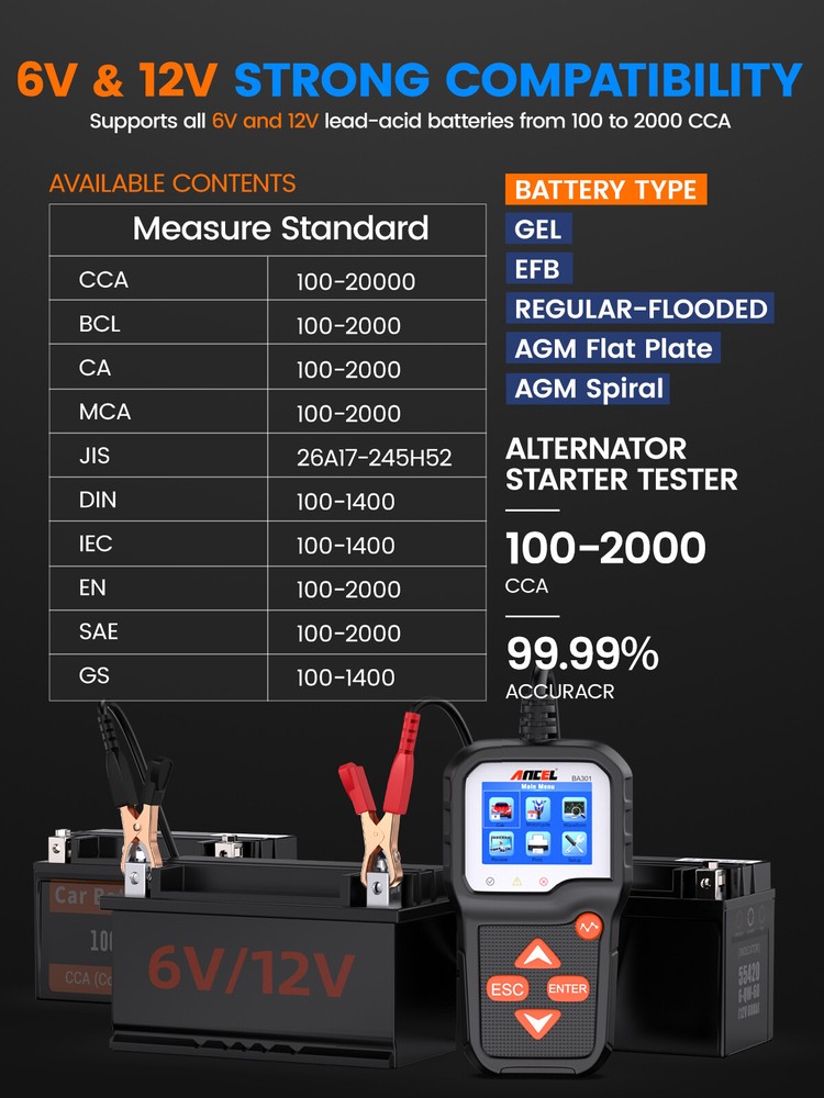 ANCEL 12V 6V Automotive Battery Tester Checker Load Volt Analyzer 100-2000 CCA