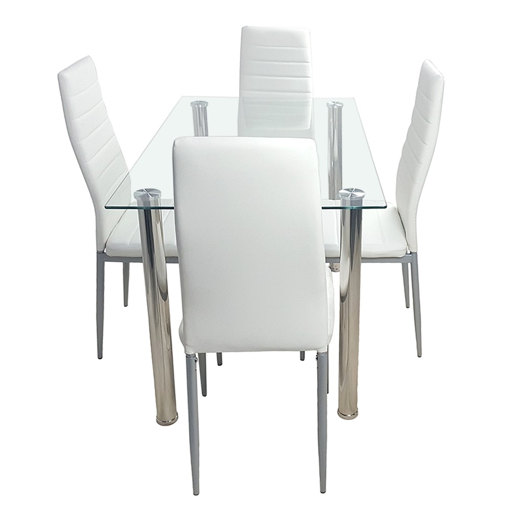 5pcs/set Dining Table Set Kitchen Tempered Glass Dining Table + 4 Chairs White