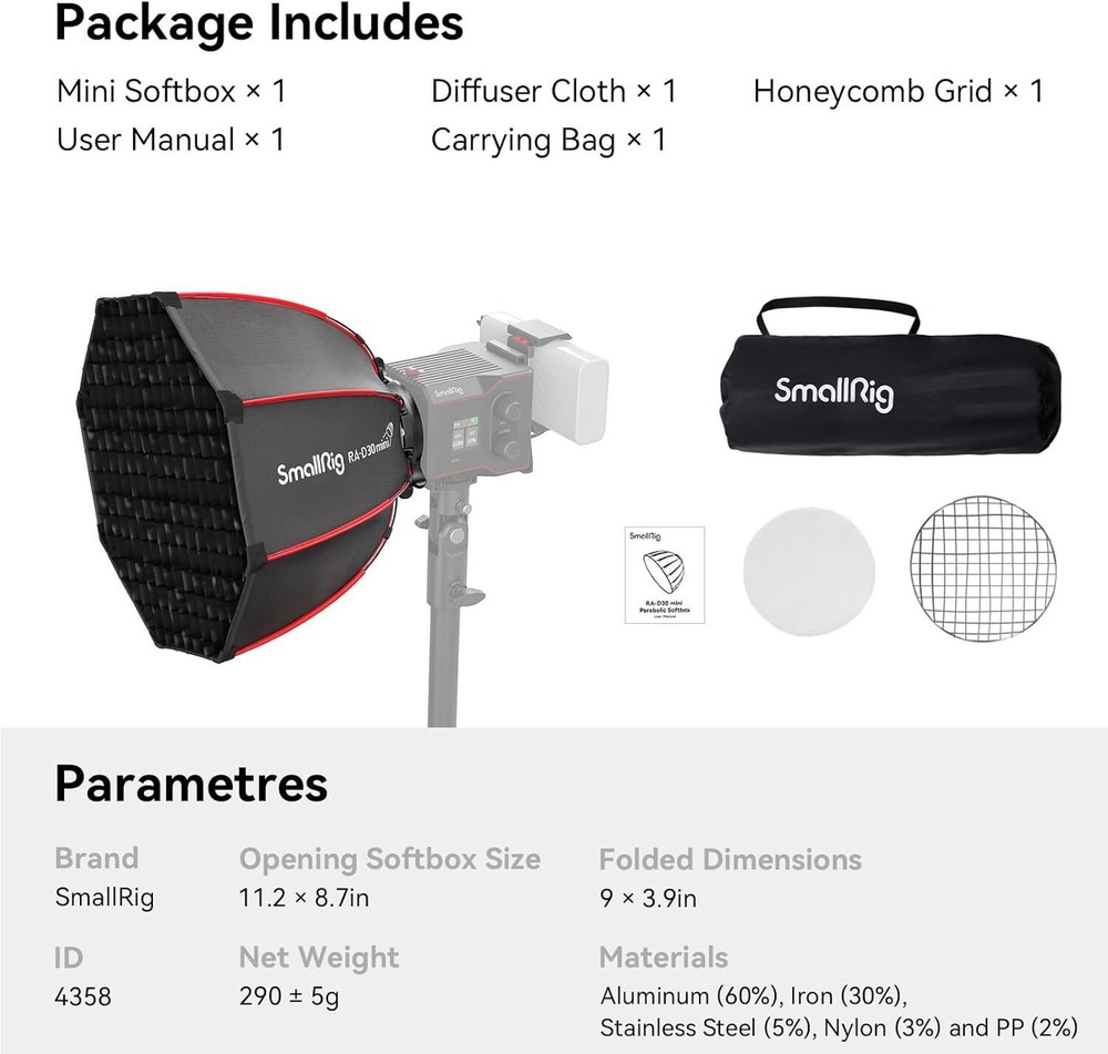 SmallRig RC 60B COB Video Light with Fast Charging + 29cm Parabolic Softbox