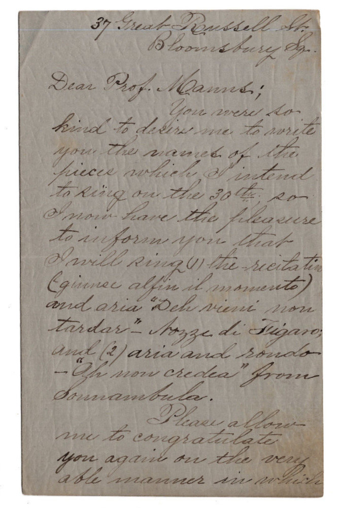 Ella Russell Signed Letter 1886 / Autographed Opera Singer