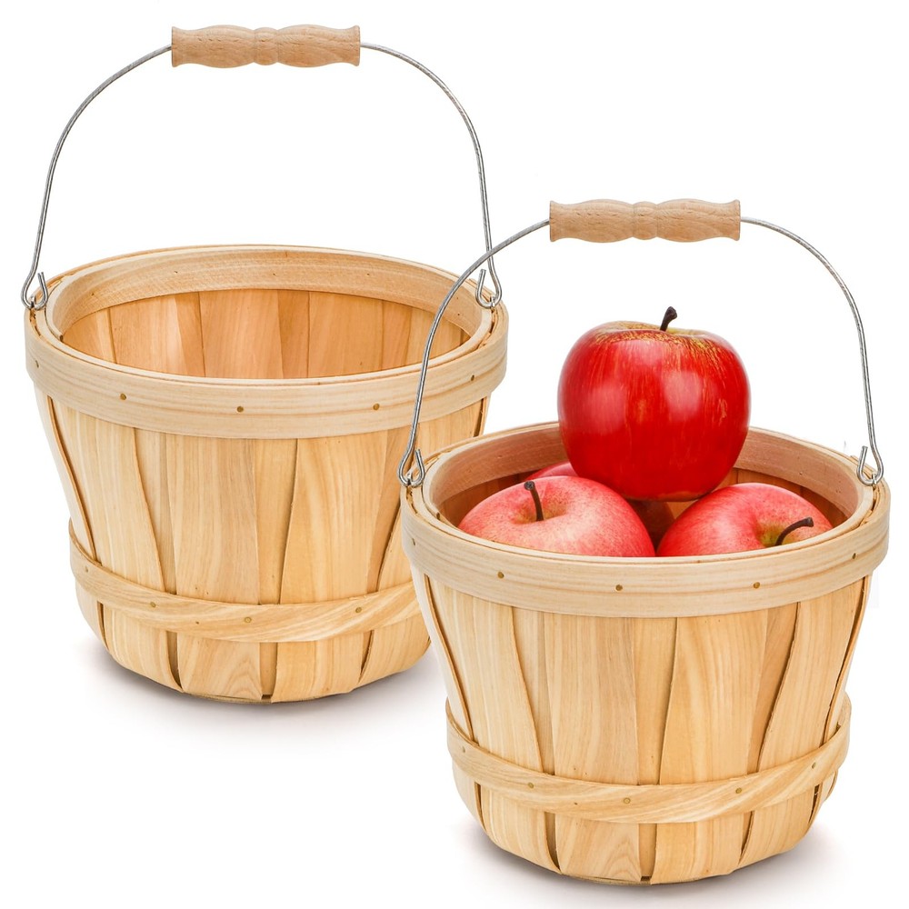 2 Pack Round Wooden Baskets With Handle Empty Fruit Buckets Natural Decor Bin