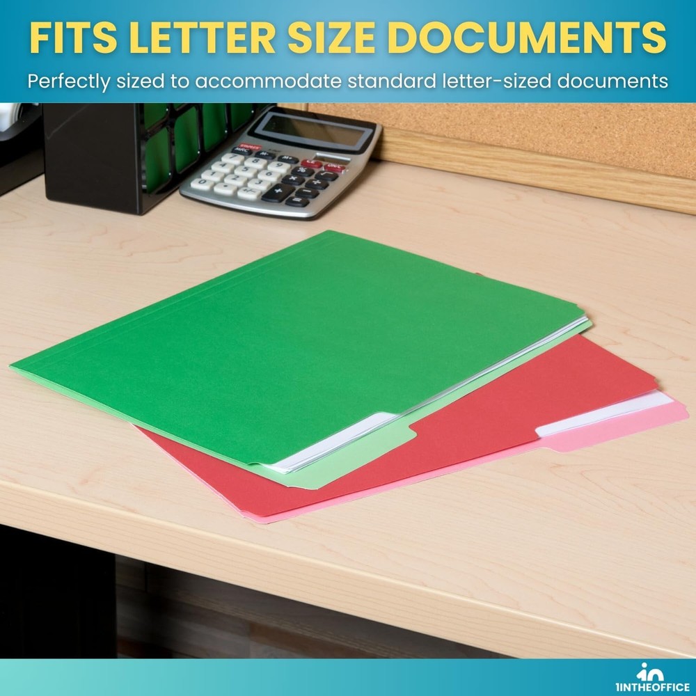 1InTheOffice Colored File Folders, Top-Tab File Folders, 3 Tab, 5 Assorted Co...