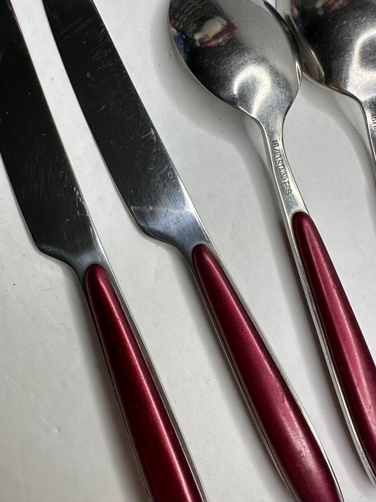 Red handle Stainless Flatware Replacement 6 Pc Pearlized Burgundy Resin